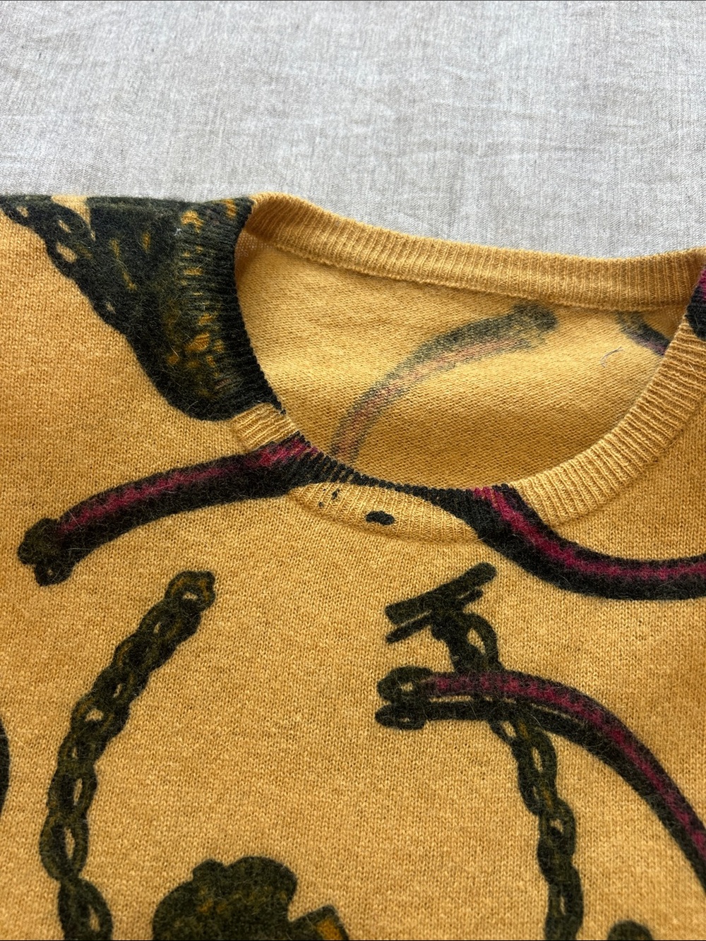 Vintage 90s Mustard Western Equestrian Print Sweater Shoulder Pads Estimated M/L - Picture 10 of 11